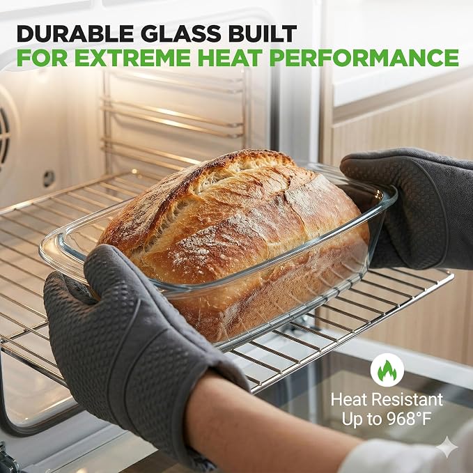 NutriChef 4 Piece Glass Loaf Pan Set with Lids - Stackable 1.9 QT/62oz Glass Bread Baking Dishes - 2 Food Storage Containers + 2 Airtight Lids, Oven & Microwave Safe, Dishwasher Safe - Clear