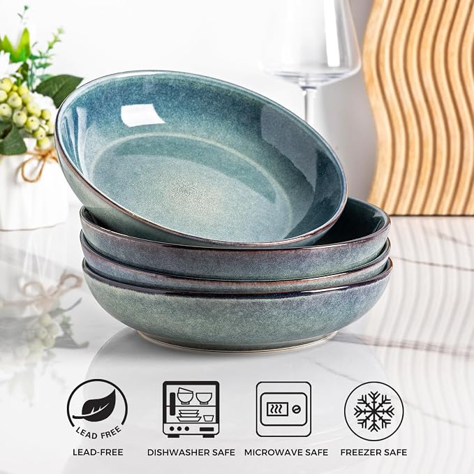 AmorArc 8.5’’ Ceramic Pasta Bowls Set of 4, 36oz Large Stoneware Bowls Set | Large Dinner Serving Bowls Set, Wide Bowl Plate for Pasta,Salad, Soup, Microwave Safe, Reactive Glaze-Ceylon Blue