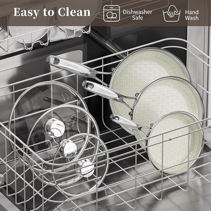 Non Stick Frying Pan Set with Lid, 8"/10"/12" Stainless Steel Cookware Sets | Ceramic Tri-ply Hybird Stainless Steel Cookware Sets, Induction Compatible, Dishwasher&Oven Safe, PFAS/PFOA/PTFE Free