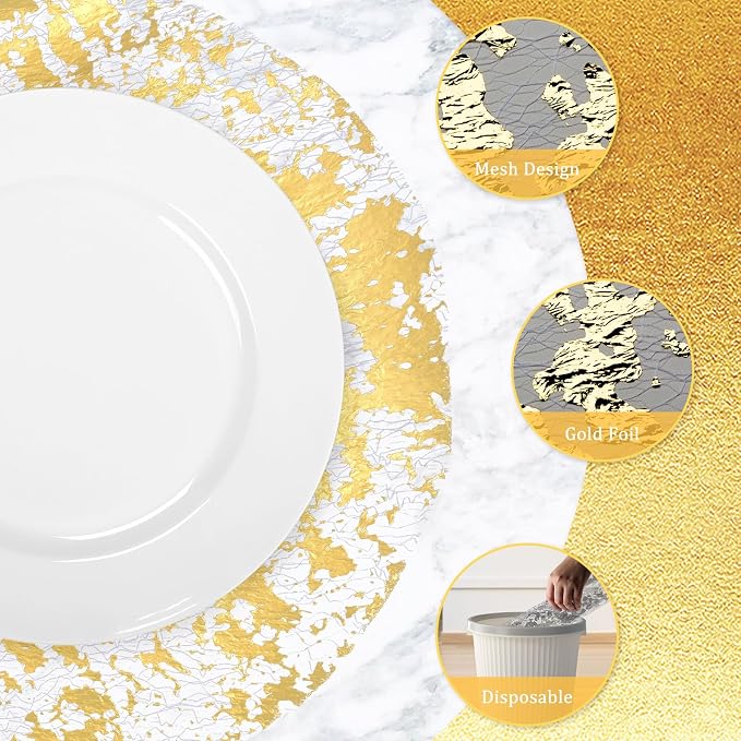 comfoyar Disposable Gold Placemats Set of 100, Metallic Round 13 Inch Foil Mesh Pressed Doilies Place Mats, Table Mats for Dining Party Weddings Birthday Holiday Kitchen Home, Tableware Decoration
