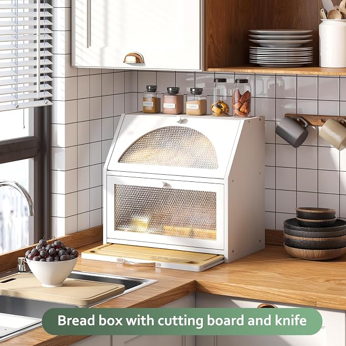STDDRE Double Layer Bamboo Corner Bread Box with Cutting Board(White) | Extra-large capacity. Double Layer Bread Storage Bin with Door Panel for Kitchen Counter.for kitchen counter