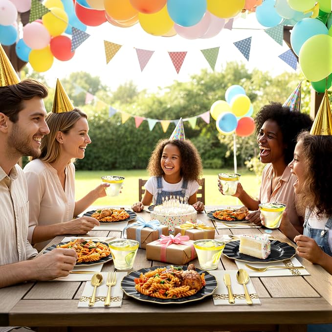 Glowserve 175 Piece Disposable Plastic Plates Dinnerware Set for 25 Guests | 50 Plastic Plates,25 Silverware Set,25 Cups and Napkins,Wedding Birthday,Family Party,Fancy Plastic Plates
