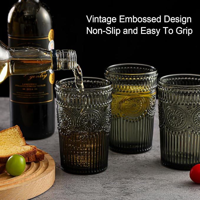 ZMOWIPDL Drinking Glasses Set of 6,13oz Flower Design Grey Glass Cups | Vintage Glassware,Textured Tumblers,Embossed Striped Drinkware for Water,Cocktails,Juice,Iced Coffee