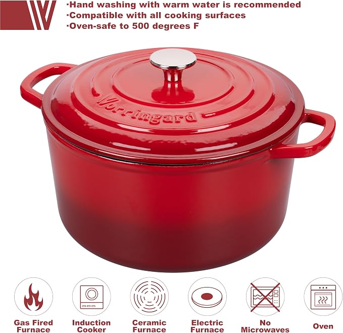 Enameled Cast Iron Dutch Oven Pot with Lid, for Sourdough Bread Baking, Round Dutch Ovens, 6 Quart, Red