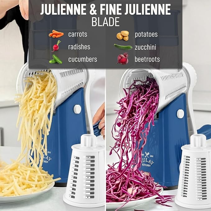 Zulay Kitchen Rotary Cheese Grater 5 Blade Cheese Shredder - Manual Hand Crank Cheese Grater With Reinforced Suction & 5 Interchangeable Drums - Easy to Use, Vegetable Chopper Round Mandoline Slicer