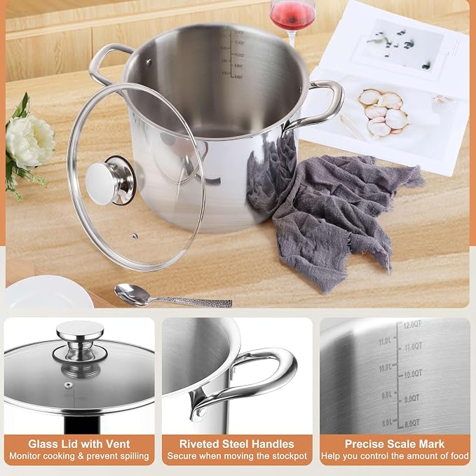 Herogo 12 QT Stock Pot, Tri-ply 18/10 Stainless Steel Cooking Pot with Lid, 12 Quart Large Metal Pasta Stockpot for Chicken Soup, Big Stockpot for Induction Gas Electric Stove, Dishwasher Safe