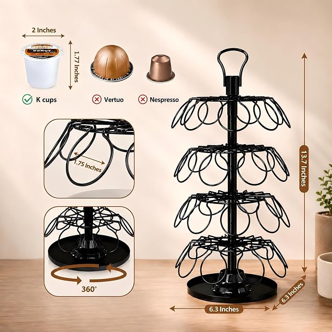 K Cup Holder-Coffee Pod Holder Organizer for 36 Pods,4-Tier K Cup Storage | K Cup Organizer,Stable Base,360°Rotating K Cup Carousel,Space-Saving for Countertop&Office,Coffee Pod Carousel Easy Assembly