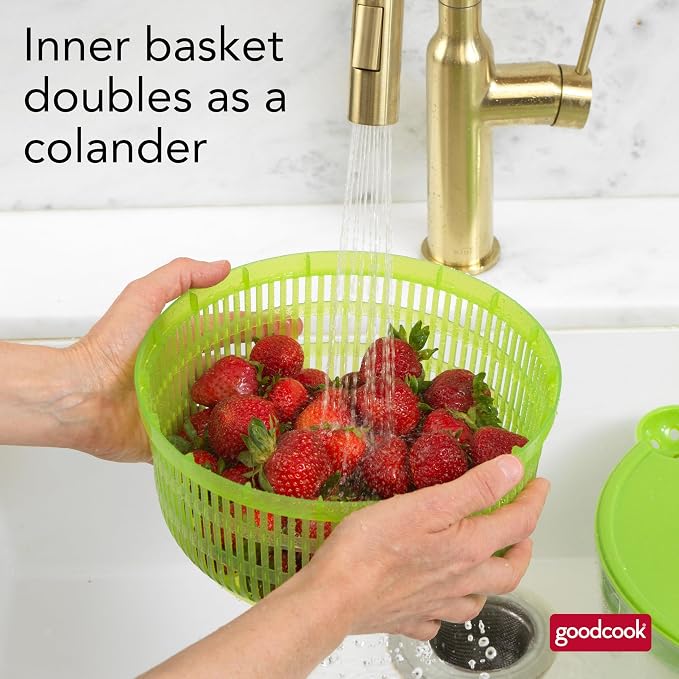GoodCook Deluxe Salad Spinner - 6 Qt. Capacity, Easy Turn Knob, Built-In Pour Spout, Multi-Use Basket, Durable and Dishwasher-Safe, Large Capacity, Green