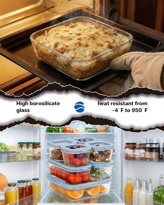 4-Pack Glass Food Storage Containers with Tempered Lids – Borosilicate, Airtight, Oven-Safe (-4°F~950°F), BPA-Free, 1Cup*2 & 2.3Cup*1 & 5.7Cup*1(Light blue)