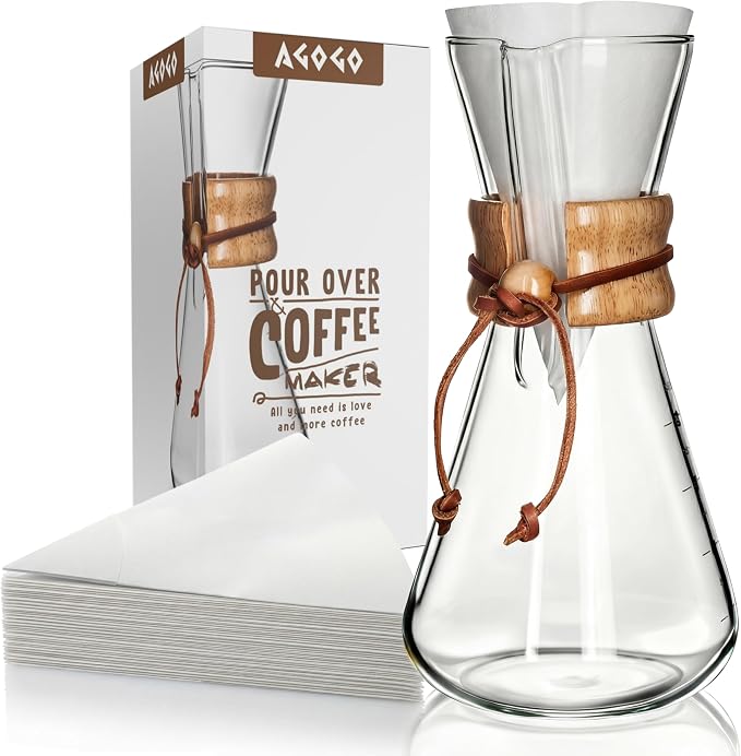 AGOGO Pour Over Coffee Maker Set, 20oz Slim Style, 50 Paper Filters | Barista kit for home kitchen, Cafe, Camping & Office; 20oz-40oz Classic, Slim, Diamond styles; Includes brush & towel.