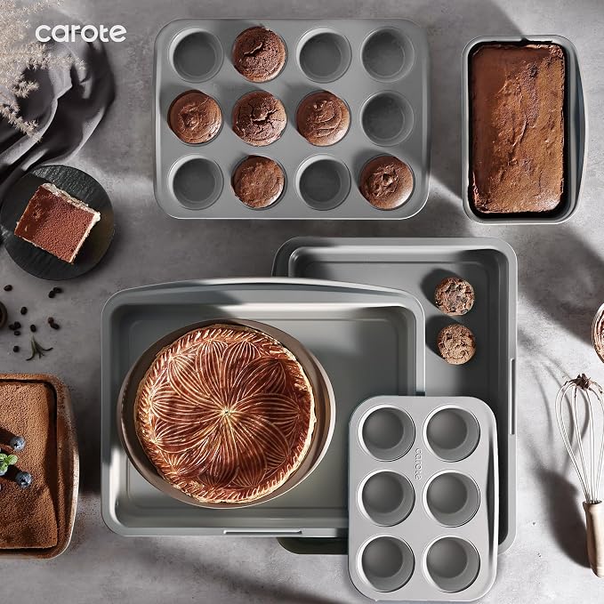 CAROTE 7-Piece Baking Pans Set, Nonstick Bakeware Sets, Gray & Blue | Cookie Sheets, Muffin, Bread, Cake, Loaf, Roasting Pan, Easy-Release, Oven Safe Up to 446°F, PFAS-Free, Stackable, Home, Gift
