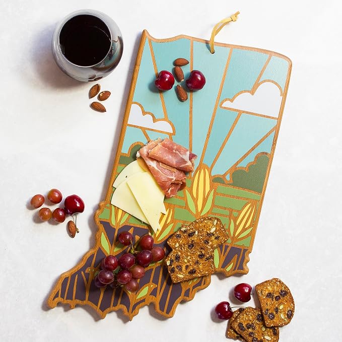 Totally Bamboo Indiana State Shaped Cutting Board, Summer Stokes Art | State charcuterie board with colorful hand-drawn landscape art. Smooth reverse side for food prep. Hang tie for wall display.