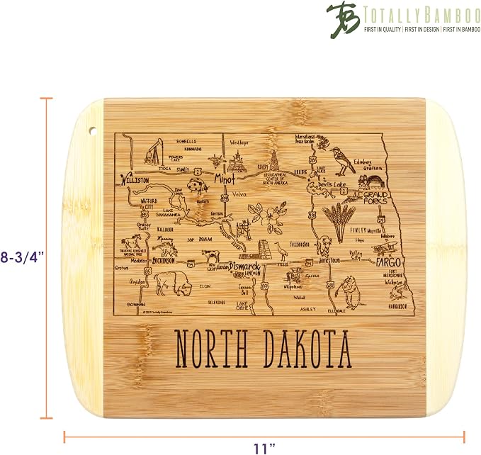Totally Bamboo A Slice of Life North Dakota Engraved Map Cutting Board | 11” x 8.75” charcuterie board with engraved state map artwork. Smooth reverse side for food prep. Hang tie for wall display.