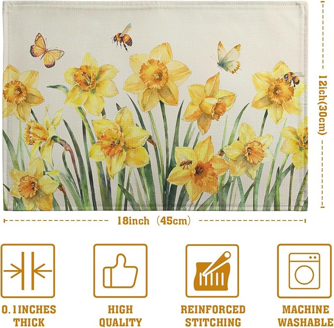 Spring Daffodils Placemats Set of 4 Watercolor Yellow Flower Table Mats Summer Farmhouse Floral Heat Resistant Washable Placemat for Party Kitchen Dining Table Decor Indoor Outdoor 12x18 Inch