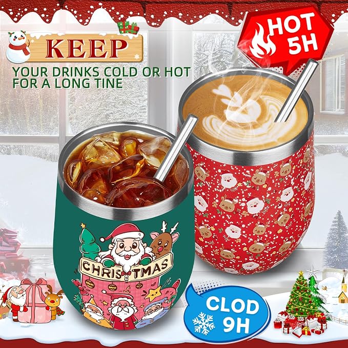 Christmas Wine Tumbler 12 oz Stainless Steel Wine Tumble Insulated Wine Tumbler with Lid Christmas Wine Glass Gifts with Straw and Brushes for Women Men Xmas Wedding Party (Red)