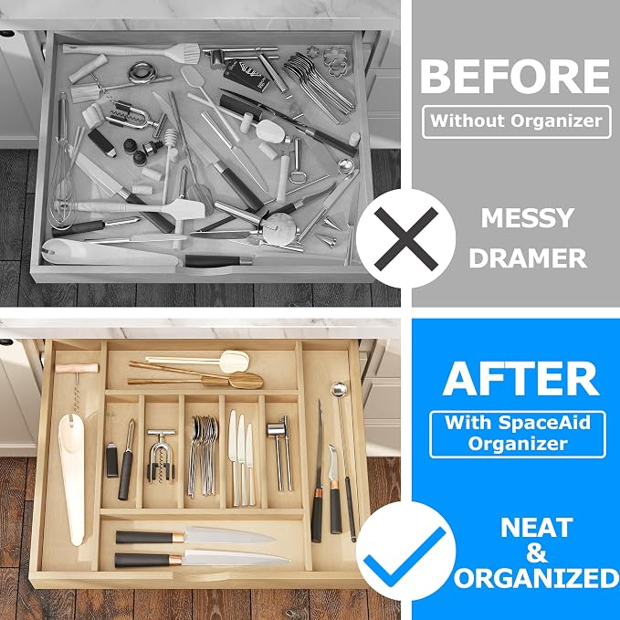 WelFurGeer Premium Wooden Silverware Organizer for Kitchen Drawers, Utensil Tray for Kitchen Drawer, Cutlery Drawer Organizer for Forks, Spoons, Knives - Sturdy Birchwood, Natural Finish