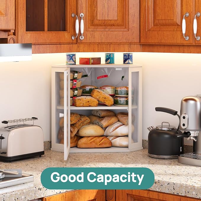 viewcare Corner Bread Box for Kitchen Counter, Bamboo Wood Large Capacity Bread Storage Bin with Acrylic Wavy Door Panel (White, Extra Large)