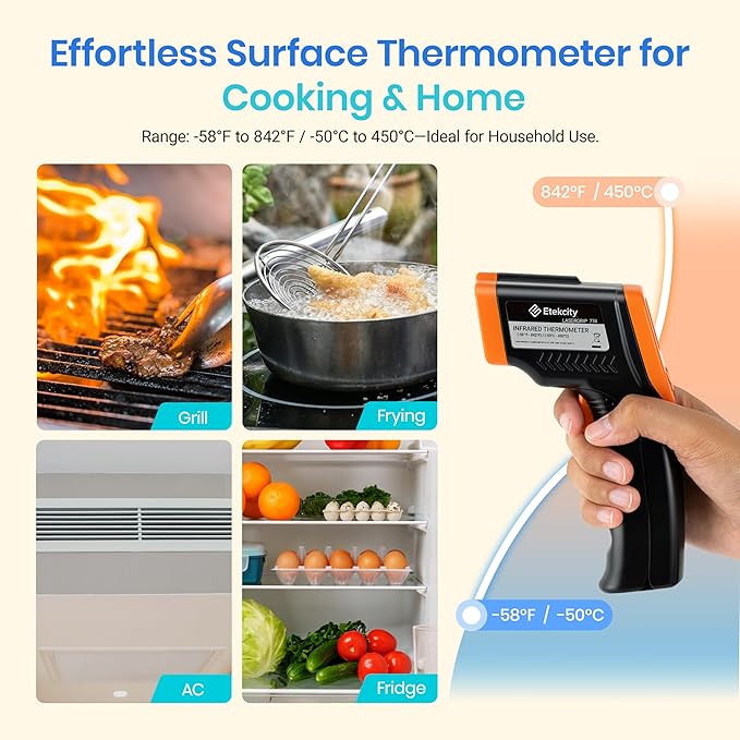 Etekcity Infrared Thermometer Laser Temperature Gun 774, Orange | Cooking, Pizza Oven, Griddle, BBQ, Meat, HVAC, Engine, Adjustable Emissivity, MAX Display, Surface Measurement