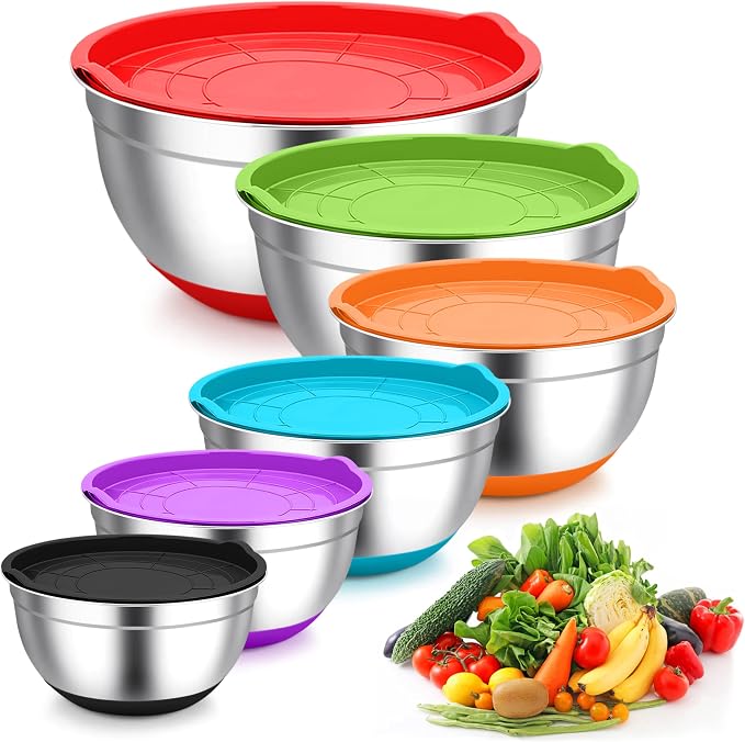 TeamFar Mixing Bowls, Stainless Steel Salad Bowls with Lids - Colorful | Nesting Bowls with Non-slip Bottom, for Kitchen Baking Preparing Serving, Stackable & 6PCS - 4.6 /2.6 /2 / 1.5 /1 / 0.7 Qt