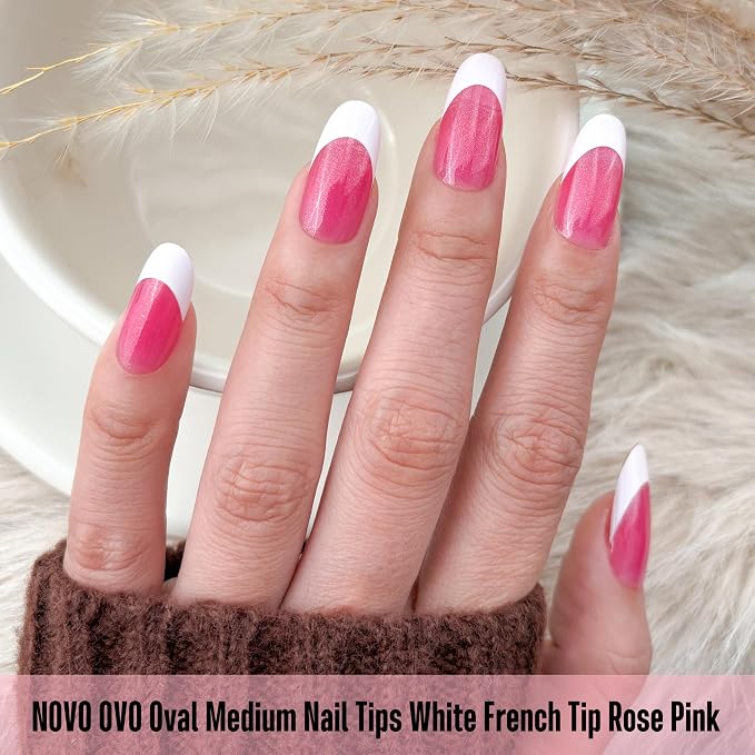 NOVO OVO White French Tip Oval Nail Tips Press on ROSE PINK, Extra Thick Medium Soft Gel Fake Nail Acrylic Extension, Need Builder Gel Top Coat, No Glue Included, for Salon DIY x 15 Sizes 240 pcs