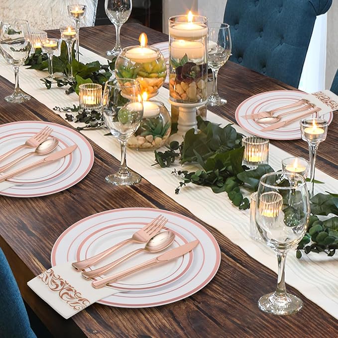 350 Pcs Rose Gold Disposable Party Dinnerware Sets for 50 Guests | Plastic Plates Disposable Include: 50 Dinner Plates, 50 Dessert Plates, 50 Paper Napkins, 50 Cups, 50 Silverware Set