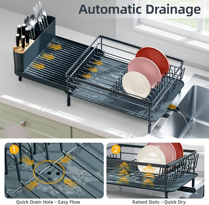 Urackify Extendable Dish Rack, 18.5"-26.7" L x 12.7" W, Dark Slate Gray | Multifunctional large dish rack with cup holder and built-in cutlery holder for versatile drying needs