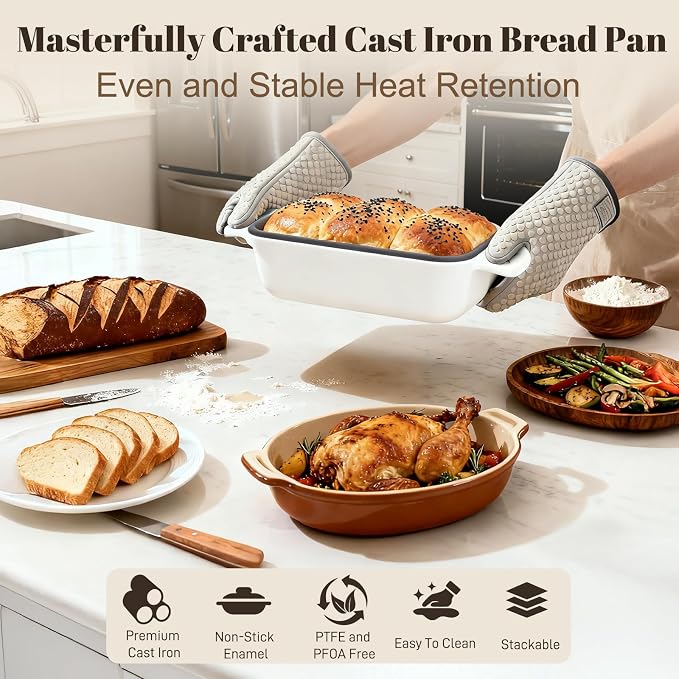 Enameled Cast Iron Sourdough Bread Dutch Oven, Cast Iron Loaf Bread Pan for Homemade Bread Baking, 2PCS 8.5 x 4.5 Inch Meatloaf Pan with Lid, Oven Safe, Cream