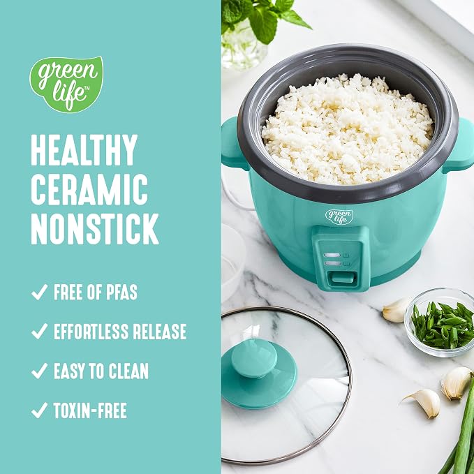 GreenLife Rice Cooker, 3-Cups Uncooked/6-Cups Cooked, Turquoise | PFAS-Free Ceramic Nonstick Removable Pot, One-Switch Design, Grains Multicooker, Keep Warm, Dishwasher Safe Parts, Easy Clean