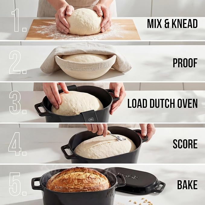 KooK Oval Dutch Oven, for Bread Baking, Sourdough Loaf Pan, with Lid, Dual Handles, Enameled Cast Iron, includes Lid Lever, Dishwasher Safe, 3.4 Qt, Black