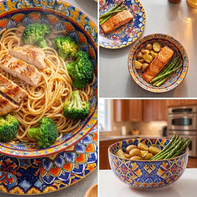 12-Piece Bohemian Porcelain Dinnerware Set for 4, Colorful Plates & Bowls | Ceramic Dish Set for Kitchen, Scratch Resistant, Microwave & Dishwasher, Decorative Tableware for Wall Decor & Housewarming