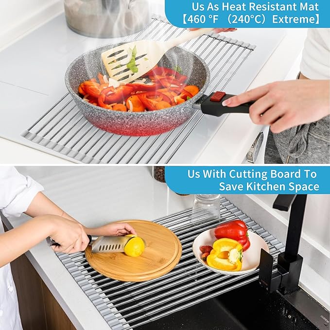 Expandable Roll-UP Dish Drying Rack-Large 304 Stainless Steel Dish Drainer Over The Sink for Kitchen Countertop,Extendable & Rollable & Food Grade (Silver,22.08'x 13.2')