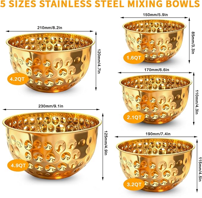 5-Piece Gold Stainless Steel Mixing Bowls Set | 4.9/4.2/3.2/2.1/1.6QT, Hammered Design, Food-grade, for Kitchen Meal Prep, Baking, Movie Night, Party and Home Decor