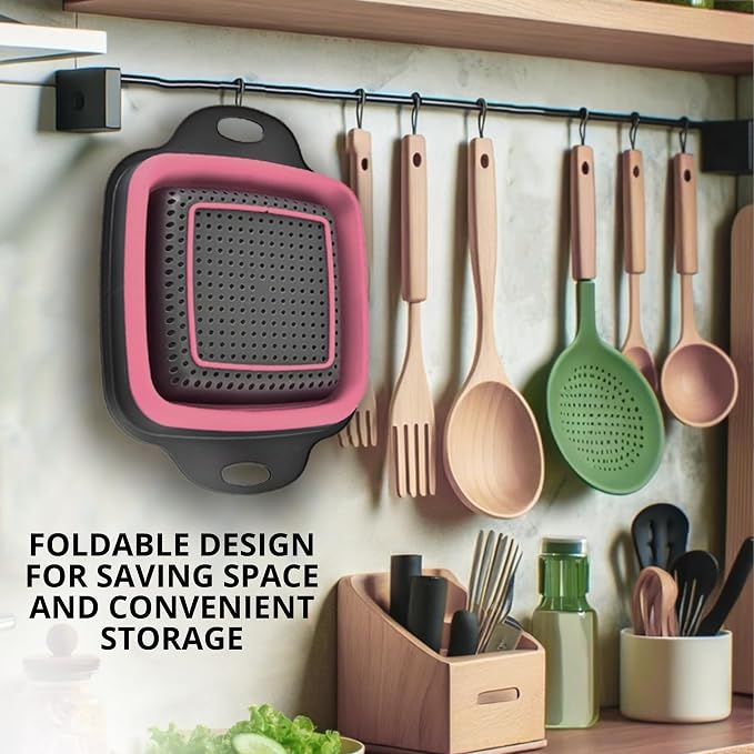 Pink Silicone Food Colander Kitchen – Small Collapsible Strainer with Handle Collapsable Strainer Kitchen Foldable Colander for Pasta Spaghetti Fruit Vegetable