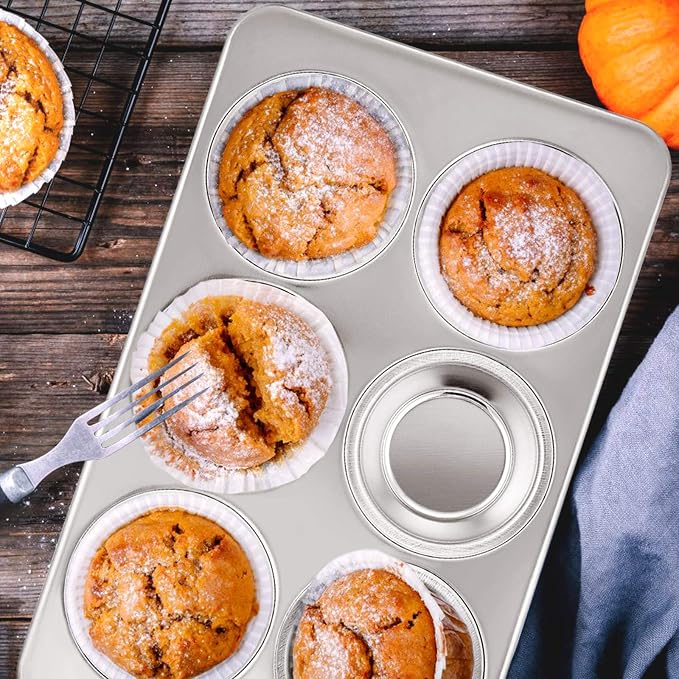 E-far Stainless Steel Muffin Pan Set of 2, 6-Cup Cupcake Tin for Baking | Metal Muffin Tray, Non-toxic & Healthy, Oven & Dishwasher Safe, Regular Size - 11.44 x 7.12 x 1.25 Inch