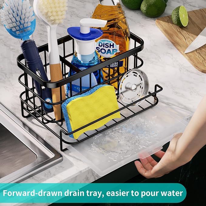 HapiRm Kitchen Sink Organizer, SUS304 Stainless Steel Rustproof Multifunctional Sink Caddy with Sponge Holder and Drain Tray for Kitchen Countertop (Black)