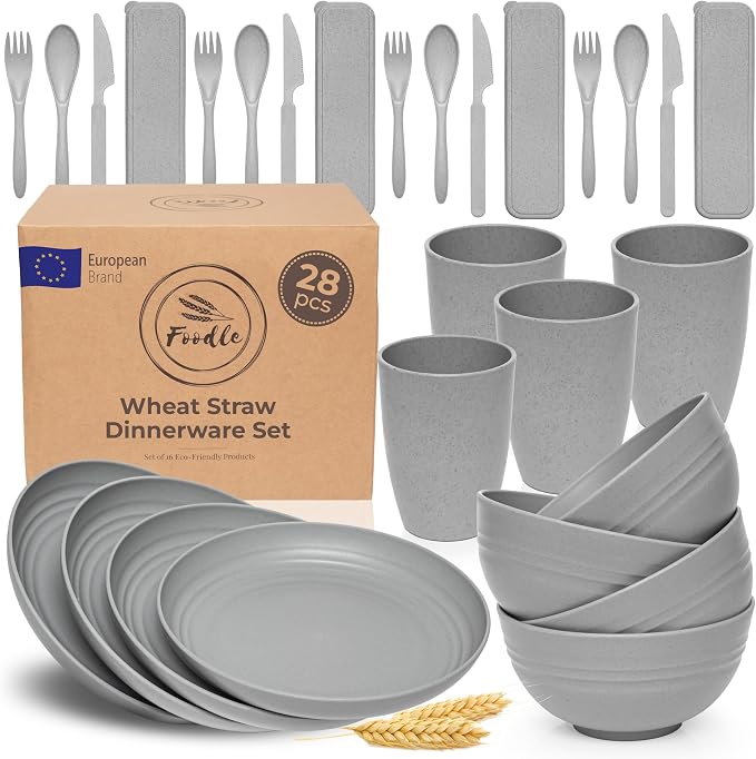 FOODLE Wheat Straw Dinnerware Set - RV, Camping, Picnic Plates Cups & Bowls | BPA-Free & Safety Tested - Microwave & Dishwasher Safe - Lightweight & Unbreakable Dishes - Great for Kids & Adults - For 4