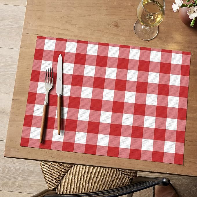 Artoid Mode Buffalo Plaid Vinyl Placemats Set of 6, 12x18 Inch Washable Non-Slip Heat Resistant Plastic Place Mats for Party Dining Table, Red/White