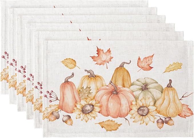 QIYI Table Placemats Set of 6, 12"x18" Linen Place Mats, Pumpkin Harvest | Boho Fabric Place Mats for Kitchen Dinning, Farmhouse Rustic Cloth Table Mats, Washable Placemat Party Table Décor