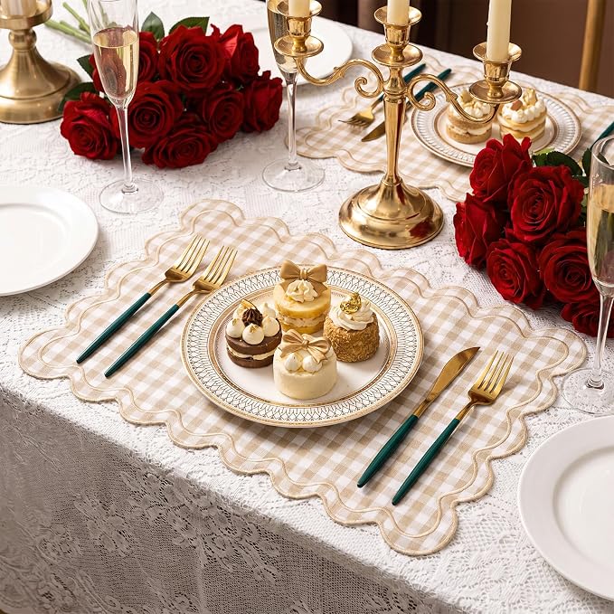Linen Placemats Set of 12 Scalloped Placemat 13 X19 Wavy Embroidery Double Layered Washable Farmhouse Dinner Fabric Table Mat Napkin for Wedding Party Restaurant(Plaid,Khaki)