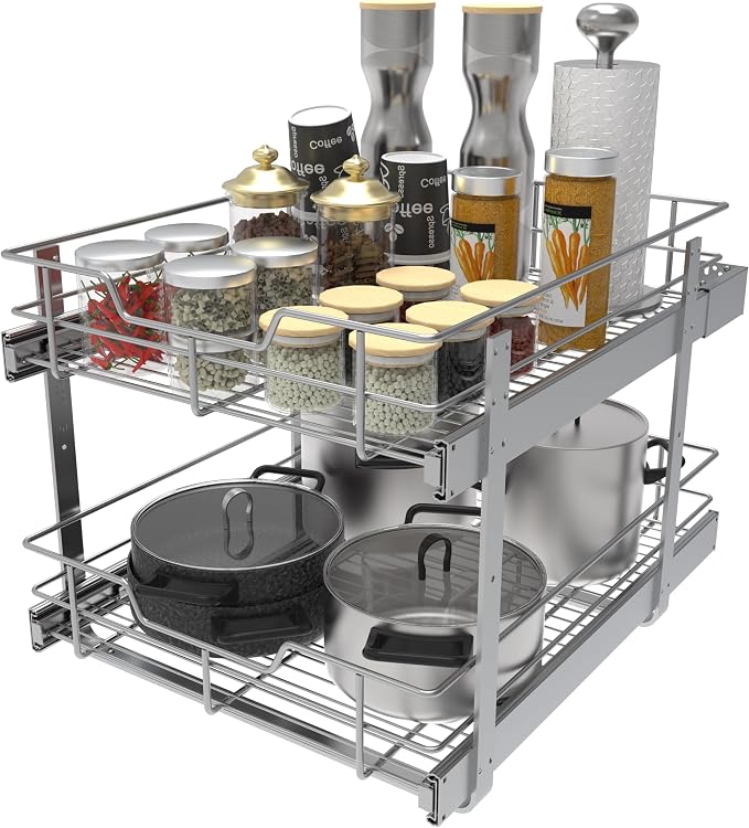 2 Tier Pull Out Cabinet Organizer 18" W X 22" D, Chromed, Full Slide Out | For Kitchen Organizers and Storage, Pull Out Drawers For Cabinets Capacity Heavy Duty Caddy, Cabinet Shelves, Bathroom Pantry