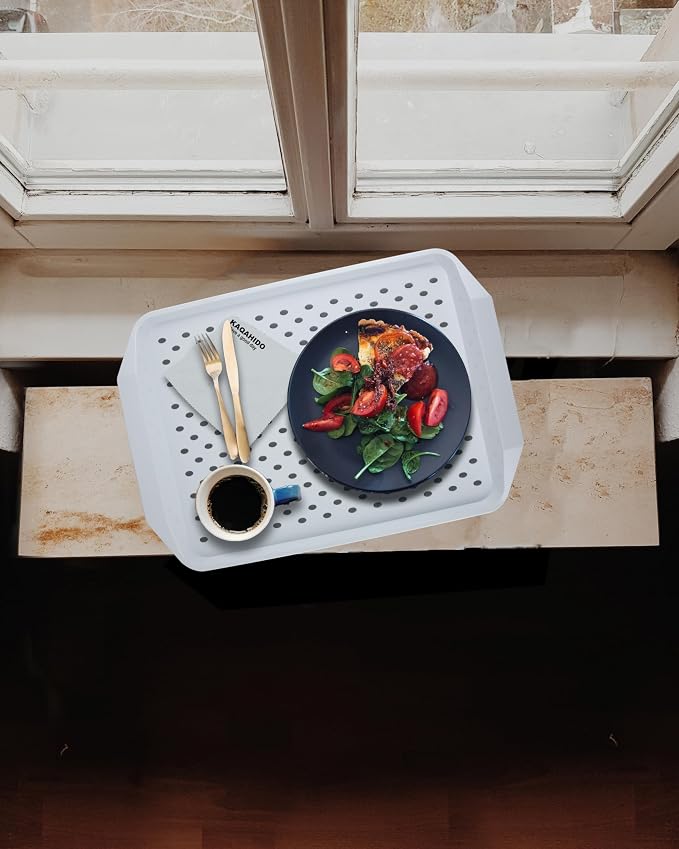 KAQAHIDO Large Non Slip Serving Tray with Grippy Dots, White, Set of 2 | TV Lap Trays for Eating on Couch, Meal Serve for Dinner Breakfast, Rectangular Food Carrying for Plates, Glasses, Dishes