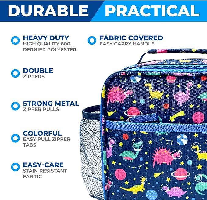 kinsho kids Bento Lunch Box Set with Thermo Bag & Ice Pack, Blue Space Dino | 4 Compartments, Removable Tray, Small Meal Dinosaur Snack Container for Boys Toddlers, Daycare & Pre-School, Steel Food Jar