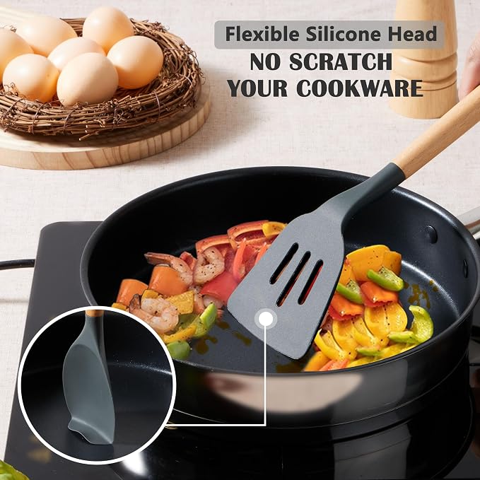 E-far Gray Silicone Cooking Utensils Set, 10-Piece Kitchen Utensils Set with Wooden Handle for Nonstick Cookware, Heat Resistant Kitchen Nonstick Tools Spatula Whisk Tongs Ladle, Non-toxic & Healthy