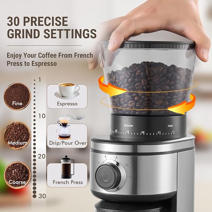 AYCHIRO Conical Burr Coffee Grinder Electric, Coffee Grinder with 30 Grind Settings, Adjustable Burr Mill Grinder for Home Use, 2-12 Cups for Espresso, Pour Over & French Press