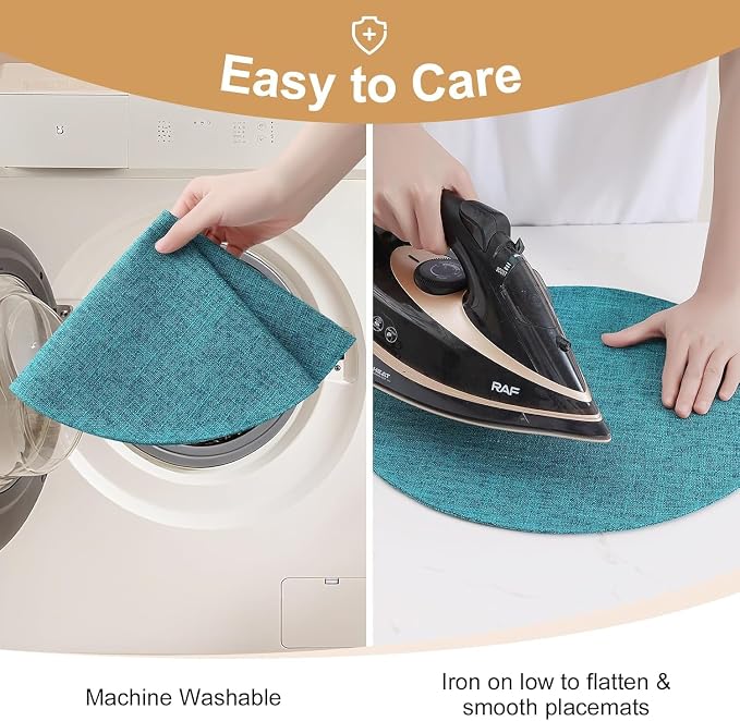 Cotton Linen 15 Inch Round Cloth Place mats, Set of 4, Teal | Washable Table Mats, Heat Resistant, Reversible, Wipeable Place Mats for Indoor Outdoor