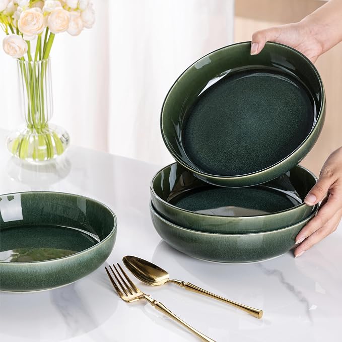 GBhome 8.75'' Large Ceramic Pasta Bowls, 38oz Stoneware Pasta Serving Bowls Set of 4 for Kitchen, Wide Bowls for Fruit,Pasta,Salad,Oatmeal,Meal, Microwave Safe, Reactive Glaze-Earth Green