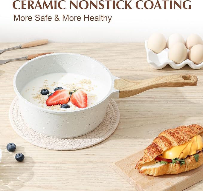 SENSARTE Ceramic Nonstick Saucepan with Lid 1.5QT, PTFE/PFOA/PFAS Free | Stay Cool Handle, Induction Compatible Saucepot, White Ceramic Coating
