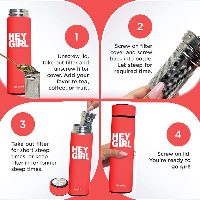 Hey Girl Tea Infuser Bottle 450ml - Insulated Stainless Steel Water Bottle - Tea Tumbler with Tea Diffuser - Portable Travel Mug for Loose Leaf Tea & Infused Water - Tea Lovers Gifts for Women