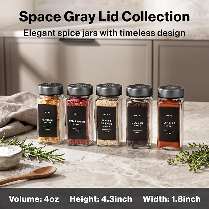 Glass Spice Jars with Label, 24x Space Gray Stainless Steel Lids | Airtight Lids keep spices fresh, Kitchen Spice Drawer Organizer, 4oz Seasoning Containers incl. Funnel, Brush & 240 Labels