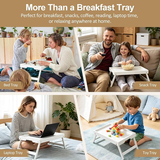Bamboo Breakfast Trays with Folding Legs, Medium, 2-Pack, White | Set of 2 bamboo bed trays with folding legs and wave handles for meals, laptops and serving in bed or on sofa.
